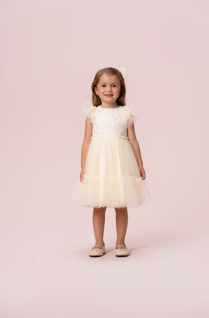 Vestido Infantil Festa Tule Bordado Flocado Busto Amarelo - Petit Cherie