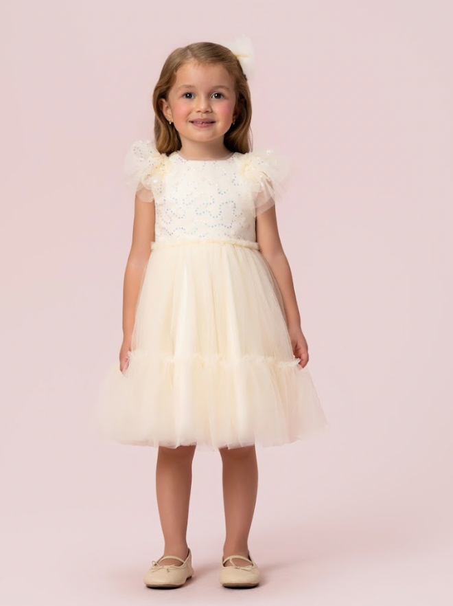 Vestido Infantil Festa Tule Bordado Flocado Busto Amarelo - Petit Cherie