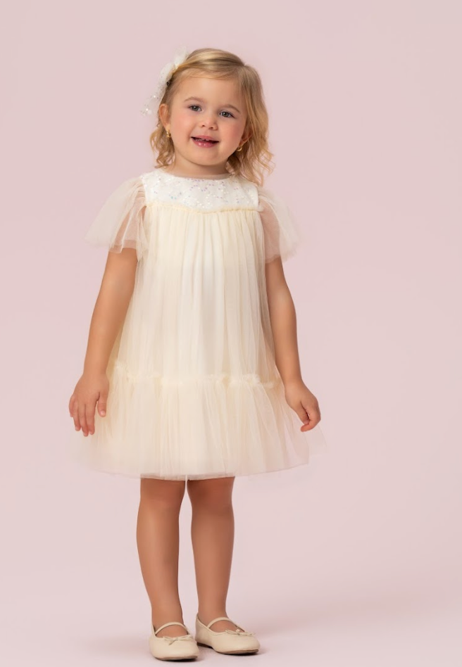 Vestido Infantil Trapézio Tule Bordado Flocado Gola Amarelo - Petit Cherie