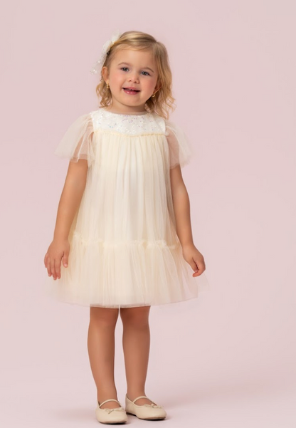 Vestido Infantil Trapézio Tule Bordado Flocado Gola Amarelo - Petit Cherie