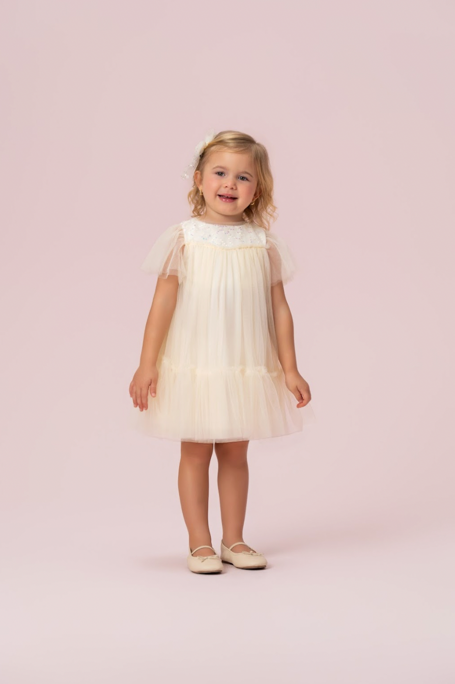 Vestido Infantil Trapézio Tule Bordado Flocado Gola Amarelo - Petit Cherie