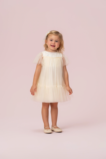 Vestido Infantil Trapézio Tule Bordado Flocado Gola Amarelo - Petit Cherie
