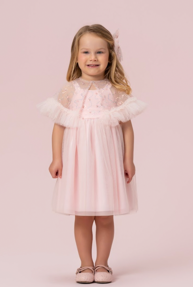 Vestido Infantil Festa com Capa Tule Bordado Rosa - Petit Cherie