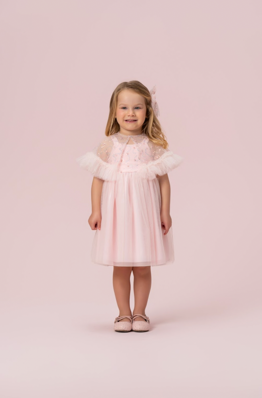 Vestido Infantil Festa com Capa Tule Bordado Rosa - Petit Cherie
