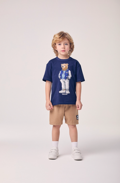 Conjunto Infantil Camiseta Ursinho College e Bermuda Bege - Youccie