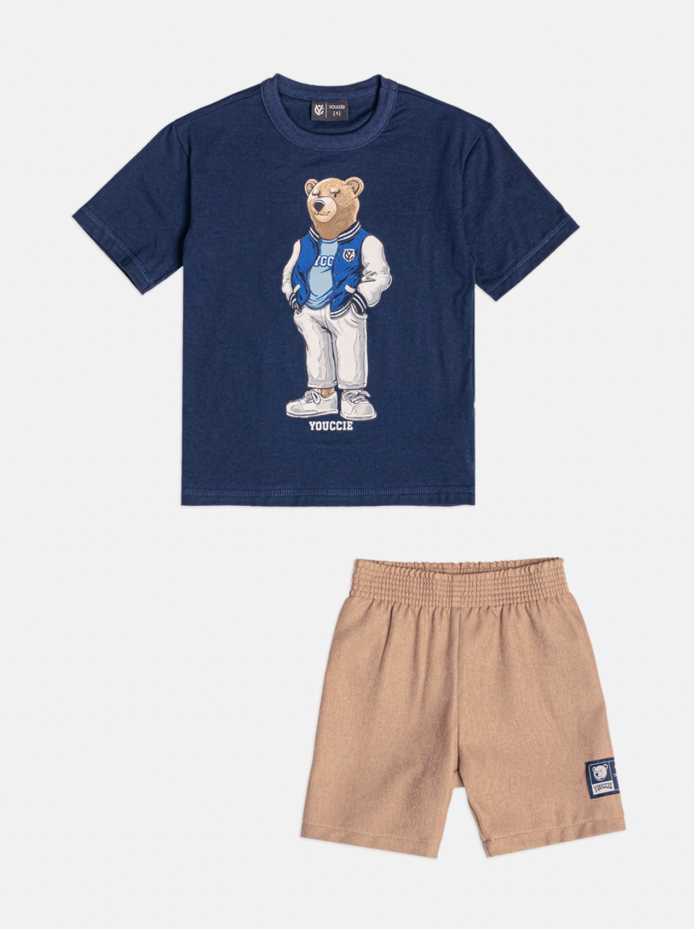Conjunto Infantil Camiseta Ursinho College e Bermuda Bege - Youccie