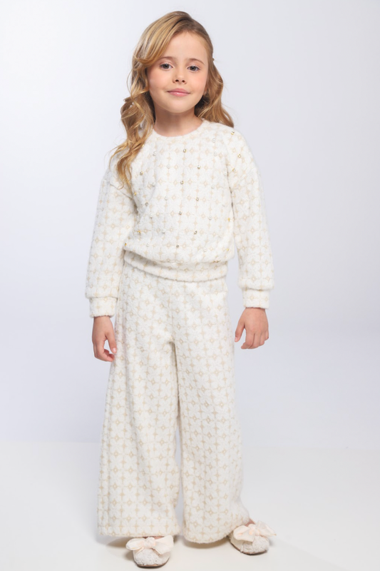 Conjunto Infantil Blusão e Calça Peluciado Lurex Bordado Manual Off White - Luluzinha