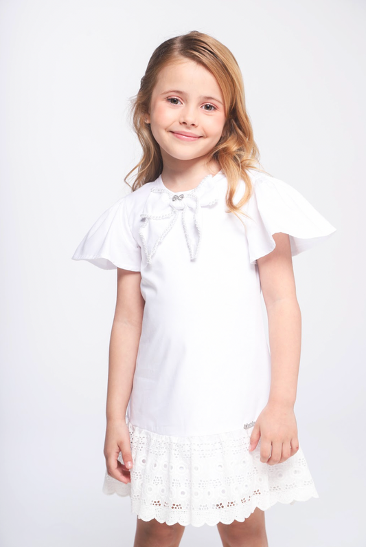 Vestido Infantil Algodão Laço Bordado Manual Babado Barrado Laise Branco - Luluzinha