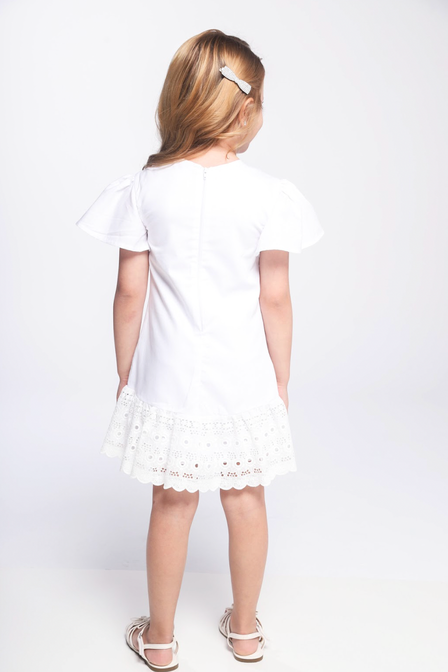 Vestido Infantil Algodão Laço Bordado Manual Babado Barrado Laise Branco - Luluzinha