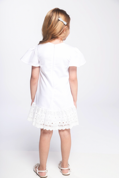 Vestido Infantil Algodão Laço Bordado Manual Babado Barrado Laise Branco - Luluzinha