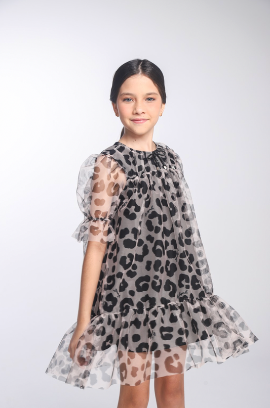 Vestido Infantil Rodado Tule Esclusivo Animal Print Aplicação Laço Strass - Luluzinha