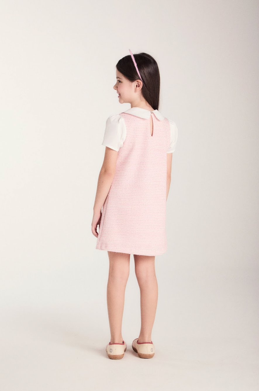 Vestido Infantil Reto Malha Tweed Algodão Gola Alfaiataria Rosa Claro - Beabá