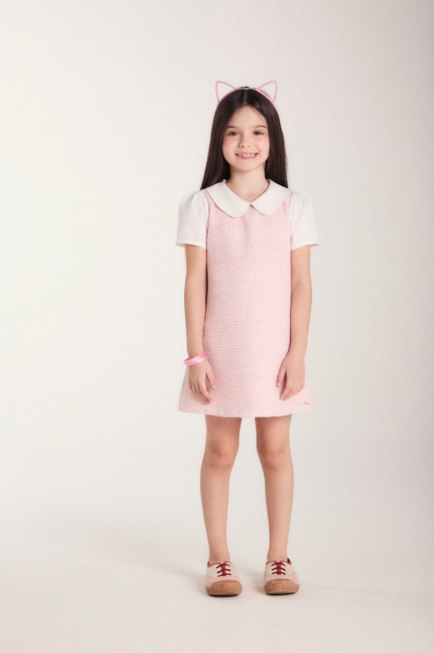 Vestido Infantil Reto Malha Tweed Algodão Gola Alfaiataria Rosa Claro - Beabá