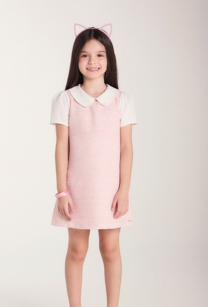 Vestido Infantil Reto Malha Tweed Algodão Gola Alfaiataria Rosa Claro - Beabá
