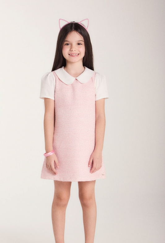 Vestido Infantil Reto Malha Tweed Algodão Gola Alfaiataria Rosa Claro - Beabá