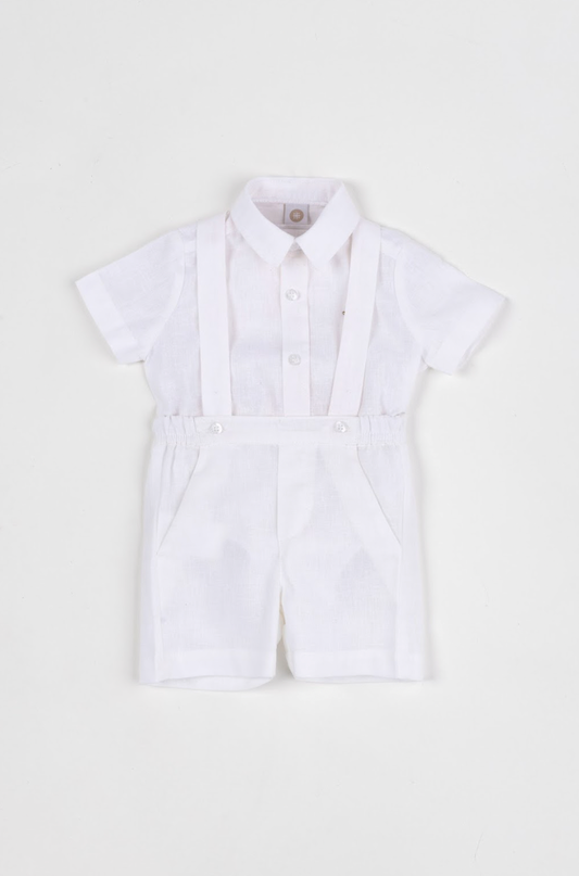 Conjunto Bebê Body, Bermuda e Suspensório Cambraia Linho de Algodão Off White - Um Mais Um
