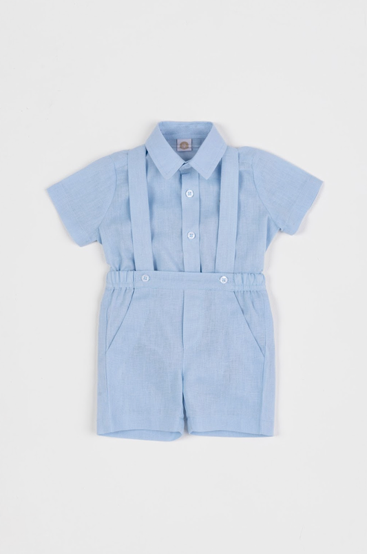 Conjunto Bebê Body, Bermuda e  Suspensório Cambraia Linho de Algodão Azul Claro - Um Mais Um
