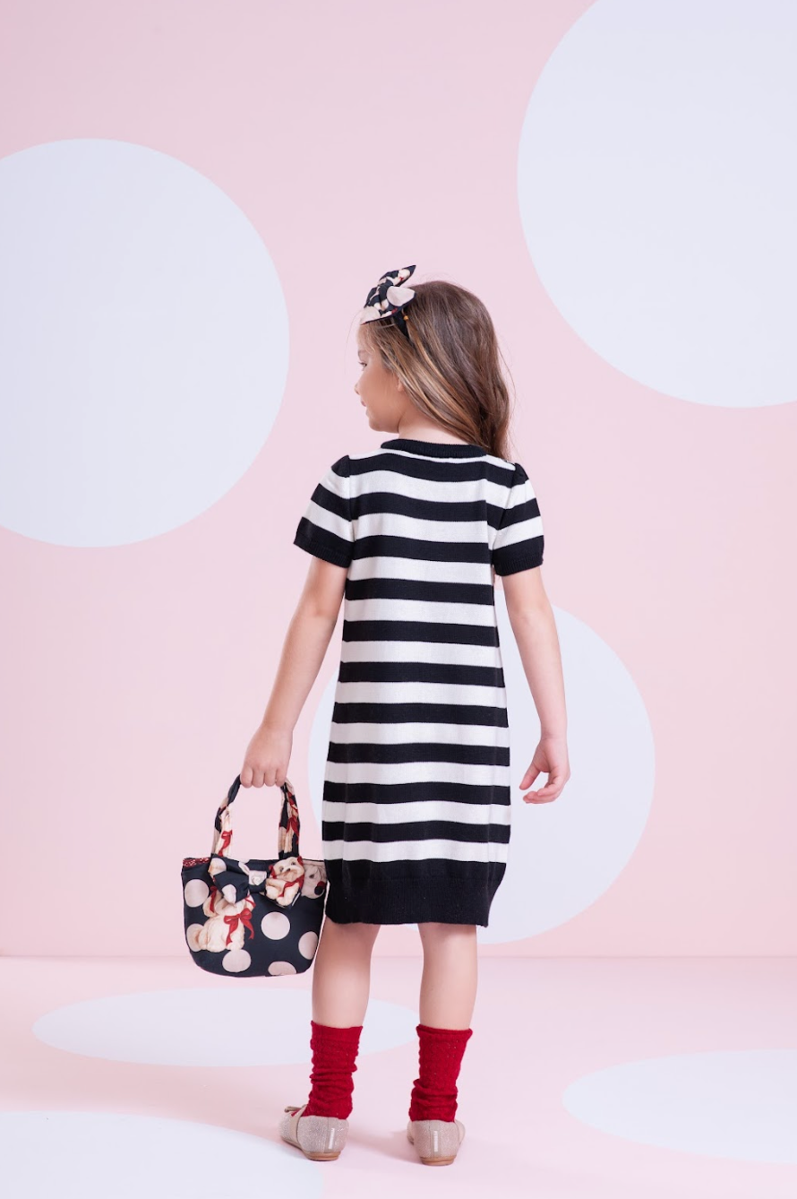Vestido Infantil Tricot Listrado Cachorrinho Cristais - Pituchinhus