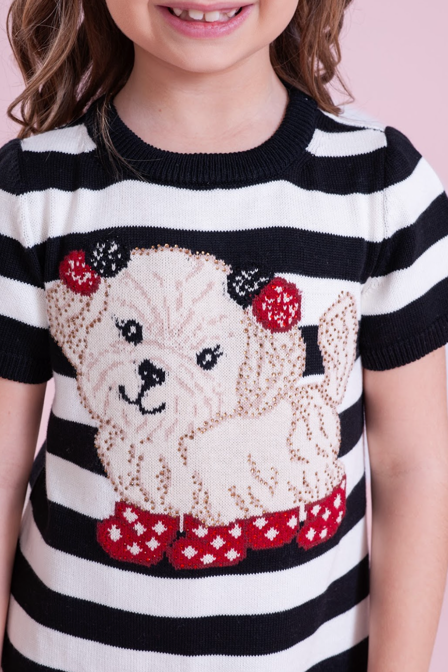 Vestido Infantil Tricot Listrado Cachorrinho Cristais - Pituchinhus