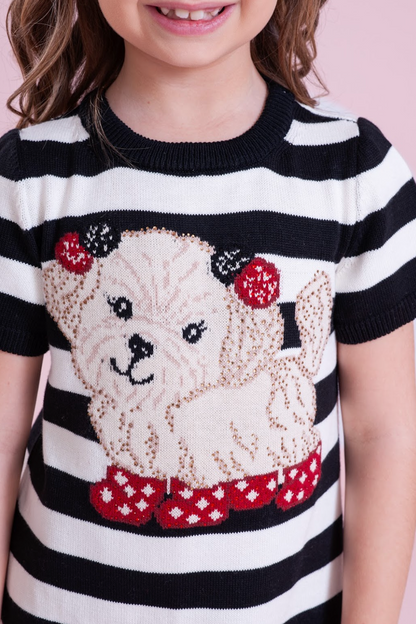 Vestido Infantil Tricot Listrado Cachorrinho Cristais - Pituchinhus