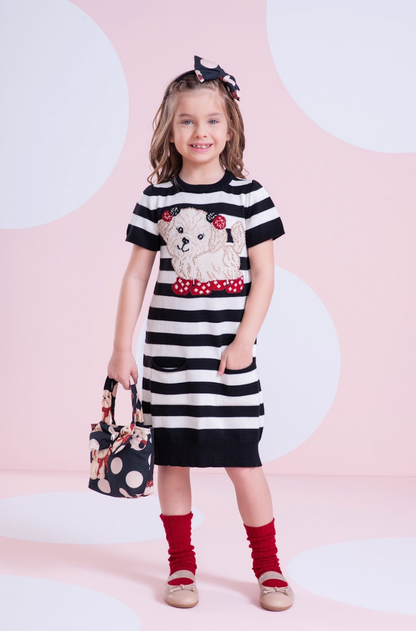 Vestido Infantil Tricot Listrado Cachorrinho Cristais - Pituchinhus