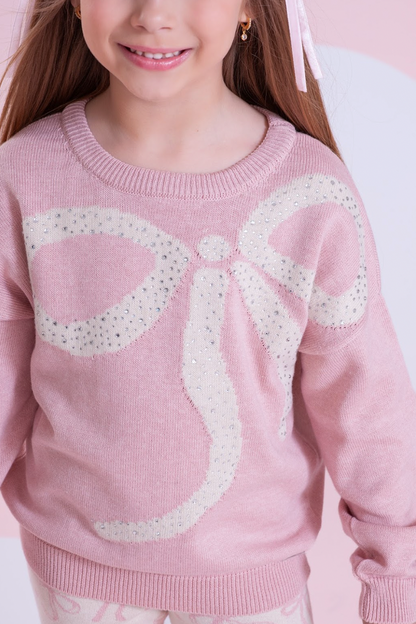 Blusa Infantil Tricot Maxi Laço Cristais Rosa Dolce - Pituchinhus