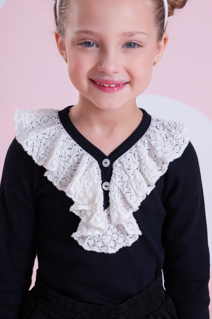 Conjunto Infantil Blusa Tricot ML Jabô Botões e Saia Sarja Babadinho Preto - Pituchinhus
