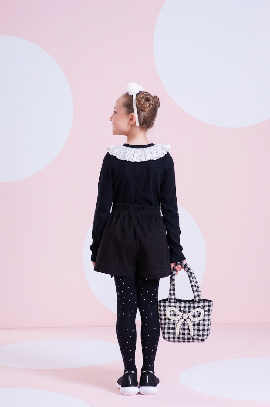 Conjunto Infantil Blusa Tricot ML Jabô Botões e Saia Sarja Babadinho Preto - Pituchinhus