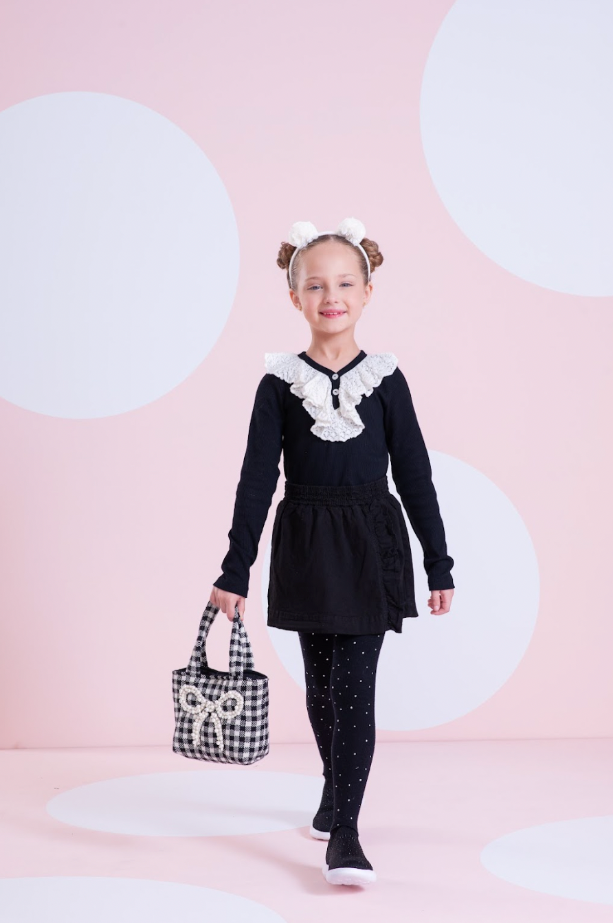 Conjunto Infantil Blusa Tricot ML Jabô Botões e Saia Sarja Babadinho Preto - Pituchinhus