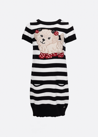Vestido Infantil Tricot Listrado Cachorrinho Cristais - Pituchinhus