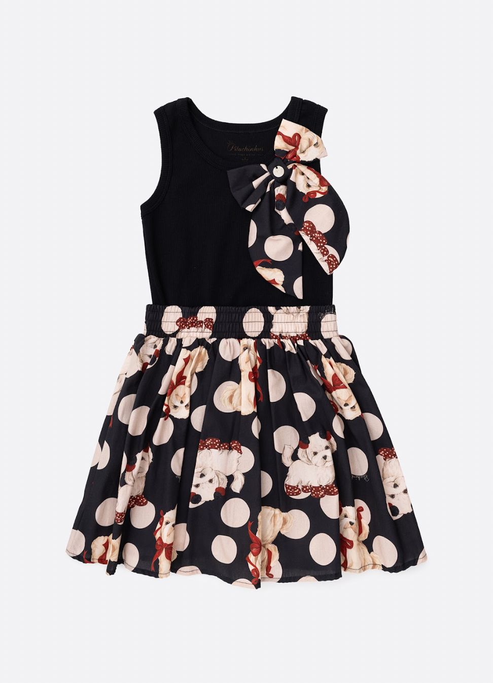 Conjunto Infantil Regata Maxi Laço e Saia e Algodão Cachorrinhos & Lacinhos Preto - Pituchinhus