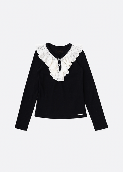 Conjunto Infantil Blusa Tricot ML Jabô Botões e Saia Sarja Babadinho Preto - Pituchinhus