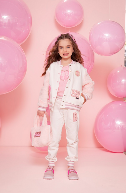 Conjunto Infantil Regata Patche Coração Barbie Rosa e Calça Moletom Jogging Patche Barbie Off White - Pituchinhus