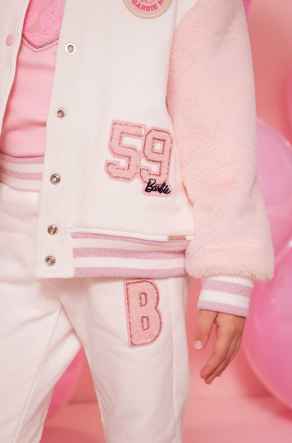 Conjunto Infantil Regata Patche Coração Barbie Rosa e Calça Moletom Jogging Patche Barbie Off White - Pituchinhus
