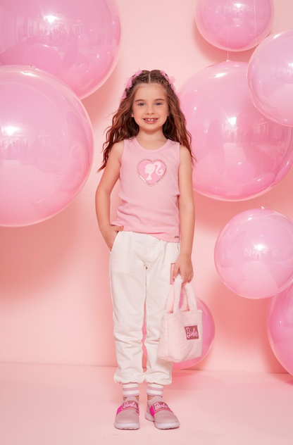 Conjunto Infantil Regata Patche Coração Barbie Rosa e Calça Moletom Jogging Patche Barbie Off White - Pituchinhus