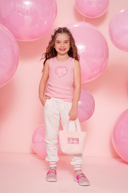 Conjunto Infantil Regata Patche Coração Barbie Rosa e Calça Moletom Jogging Patche Barbie Off White - Pituchinhus