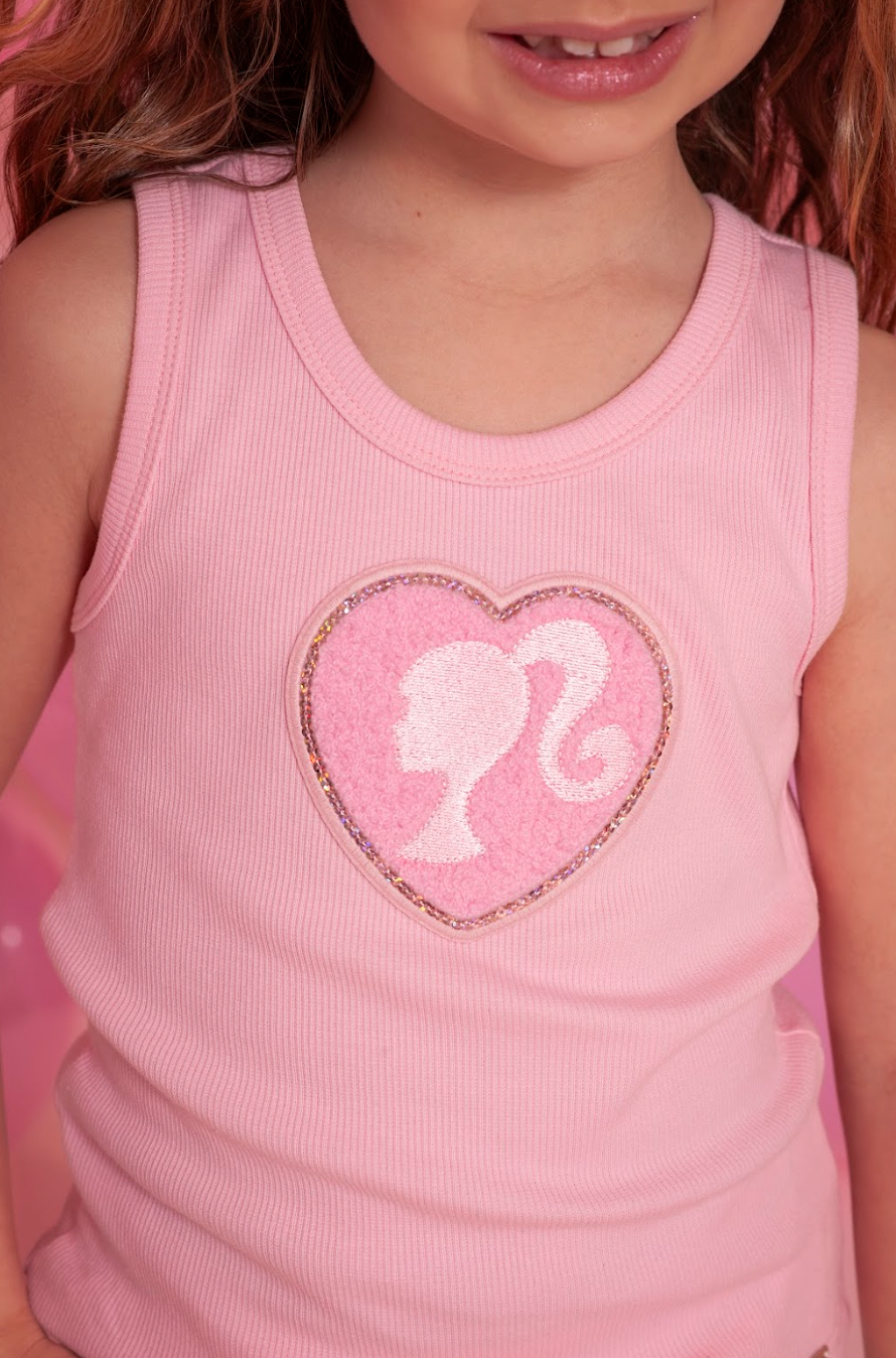 Conjunto Infantil Regata Patche Coração Barbie Rosa e Calça Moletom Jogging Patche Barbie Off White - Pituchinhus