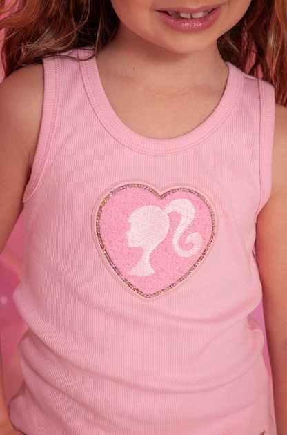 Conjunto Infantil Regata Patche Coração Barbie Rosa e Calça Moletom Jogging Patche Barbie Off White - Pituchinhus