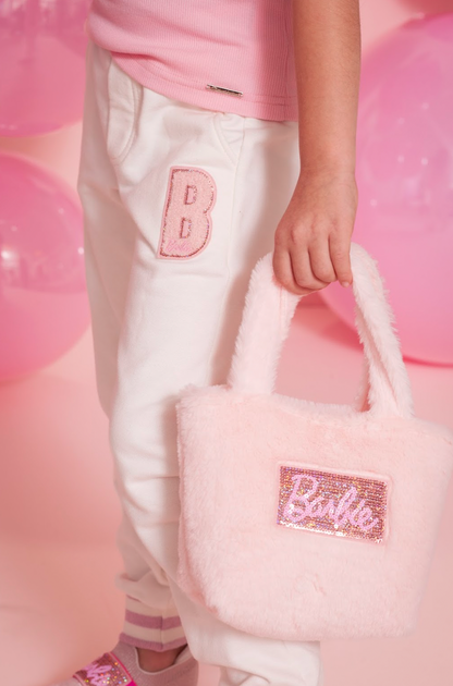 Conjunto Infantil Regata Patche Coração Barbie Rosa e Calça Moletom Jogging Patche Barbie Off White - Pituchinhus
