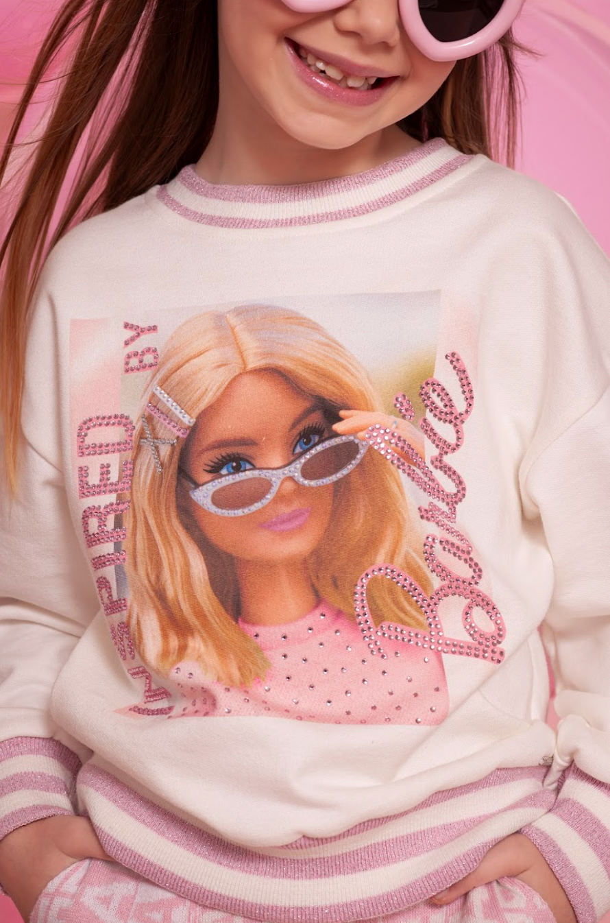 Blusa Moletom Infantil Patche Barbie Cristais Off White - Pituchinhus