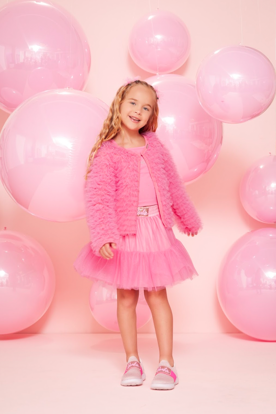 Conjunto Infantil Blusa Light Cristais Barbie e Saia Babados Patche Barbie Rosa Ópera - Pituchinhus