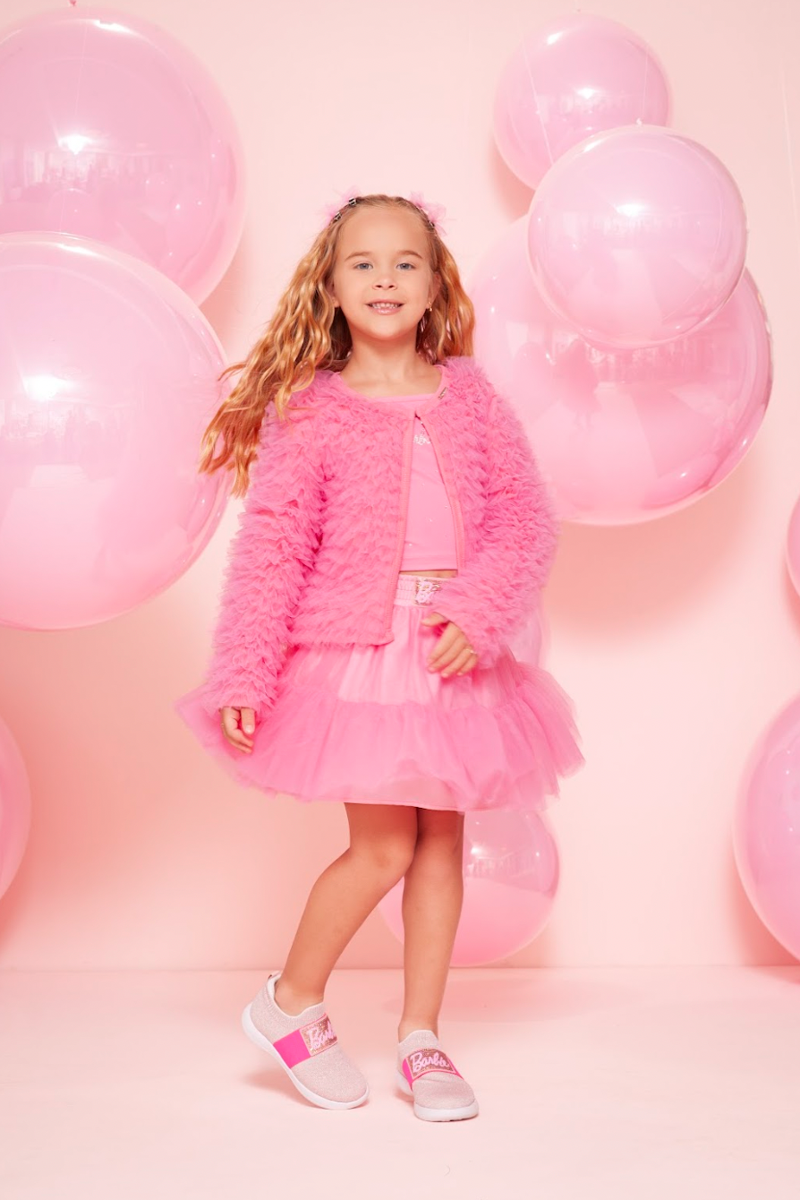 Conjunto Infantil Blusa Light Cristais Barbie e Saia Babados Patche Barbie Rosa Ópera - Pituchinhus