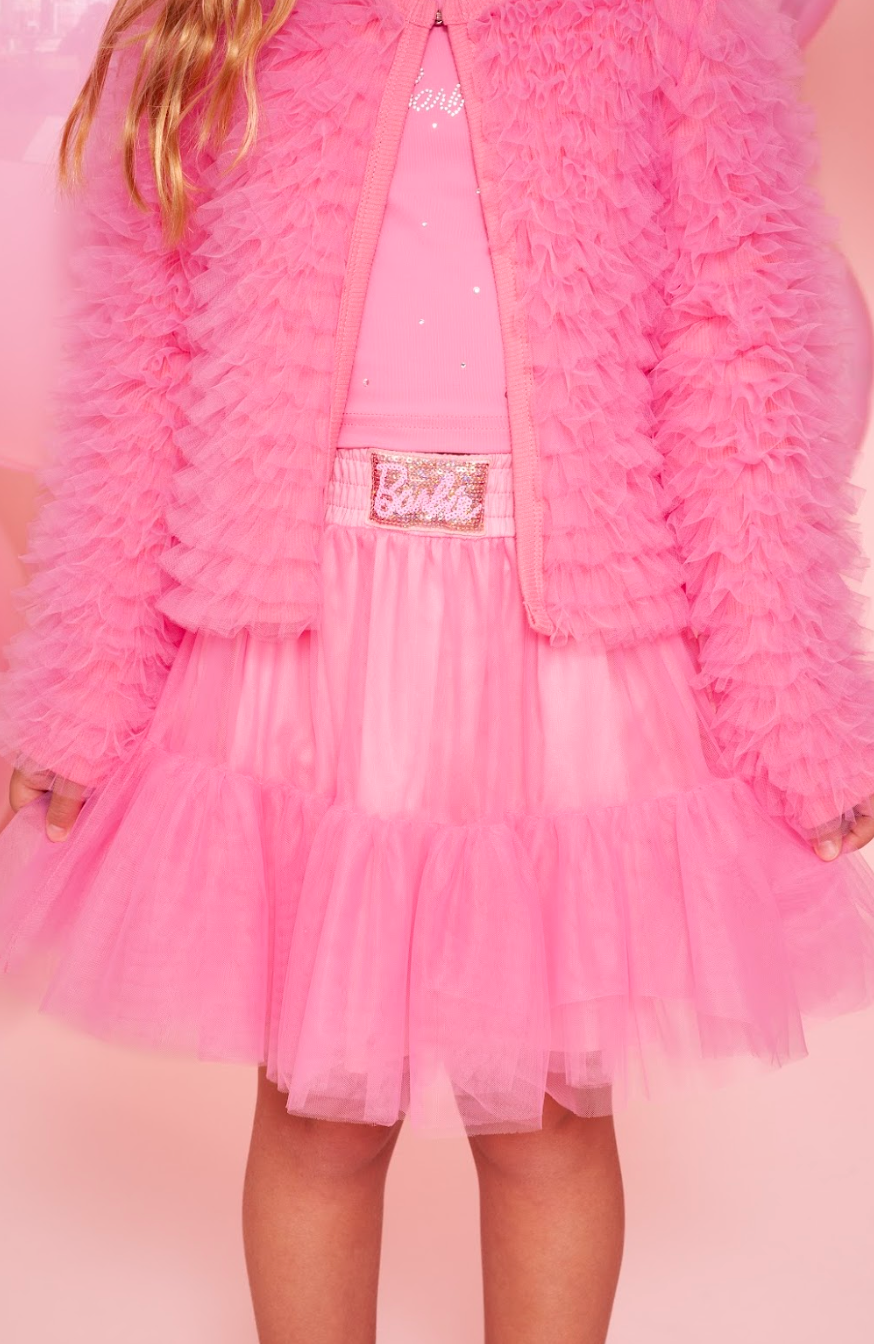 Conjunto Infantil Blusa Light Cristais Barbie e Saia Babados Patche Barbie Rosa Ópera - Pituchinhus