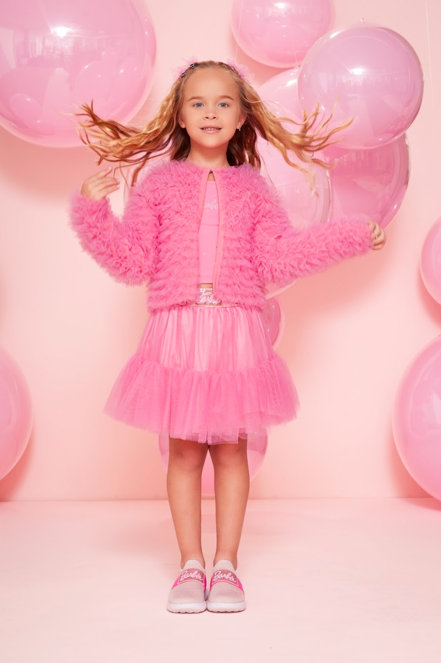 Conjunto Infantil Blusa Light Cristais Barbie e Saia Babados Patche Barbie Rosa Ópera - Pituchinhus