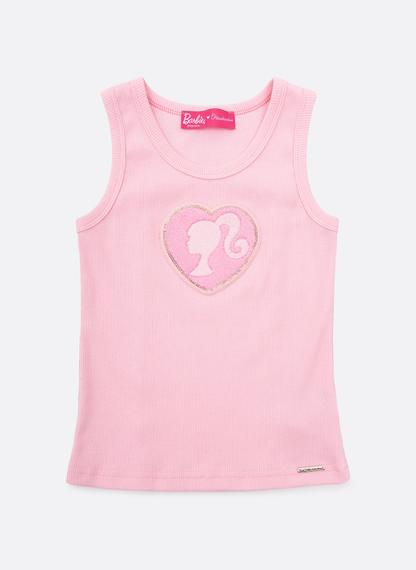 Conjunto Infantil Regata Patche Coração Barbie Rosa e Calça Moletom Jogging Patche Barbie Off White - Pituchinhus