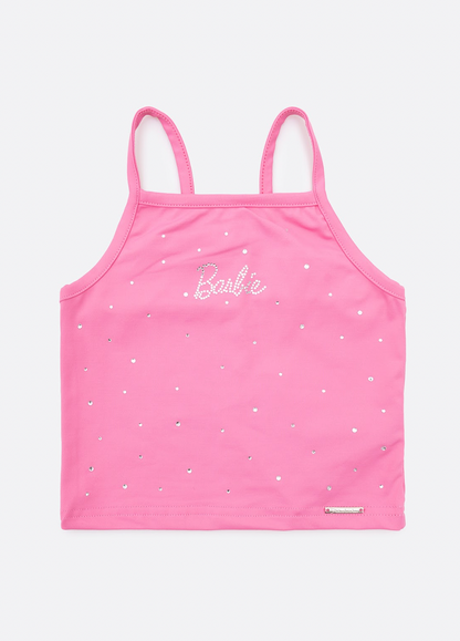 Conjunto Infantil Blusa Light Cristais Barbie e Saia Babados Patche Barbie Rosa Ópera - Pituchinhus