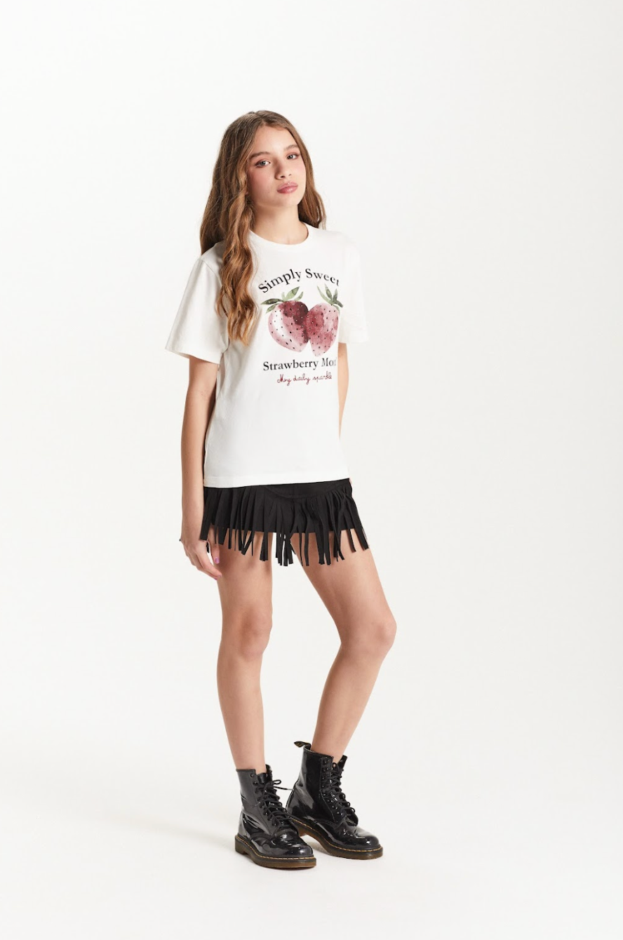 Conjunto Teen Camiseta Oversized Simply Sweet Strass e Saia Suede Franjas Preta - Two In