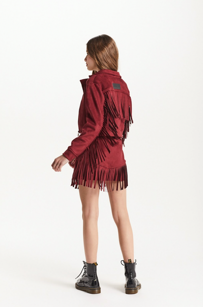 Conjunto Teen Camiseta Oversized Simply Sweet Strass e Saia Suede Franjas Vermelha - Two In