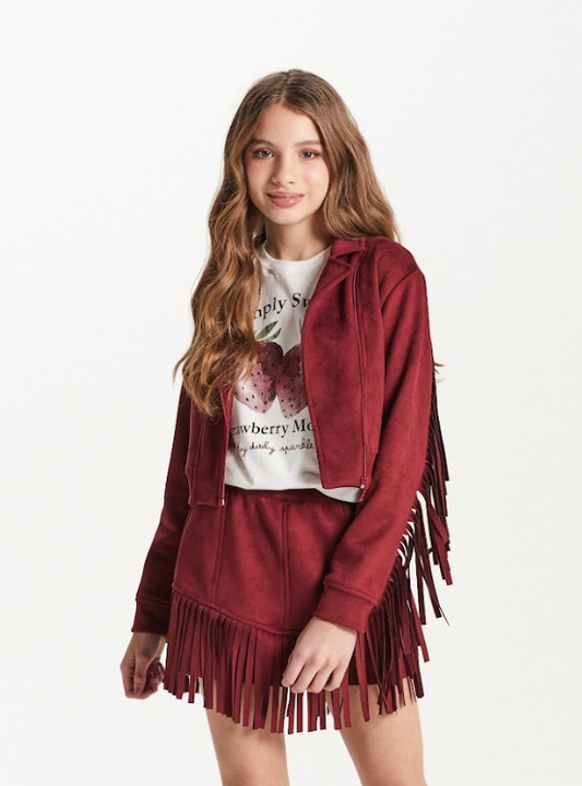 Conjunto Teen Camiseta Oversized Simply Sweet Strass e Saia Suede Franjas Vermelha - Two In PRÉ-VENDA