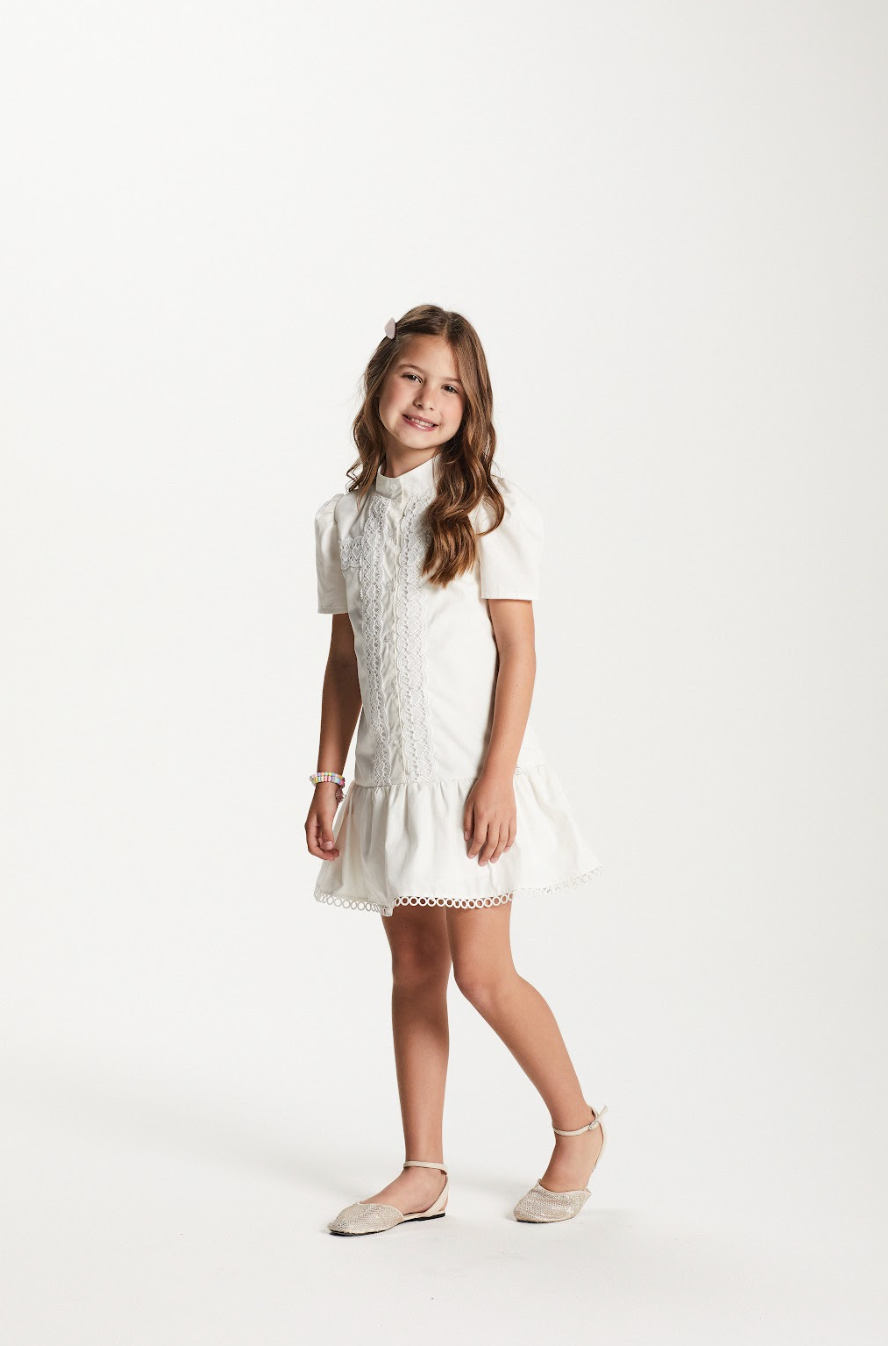 Vestido Infantil Jumper Algodão Detalhes Renda Barra Guipir Off White - Um Mais Um